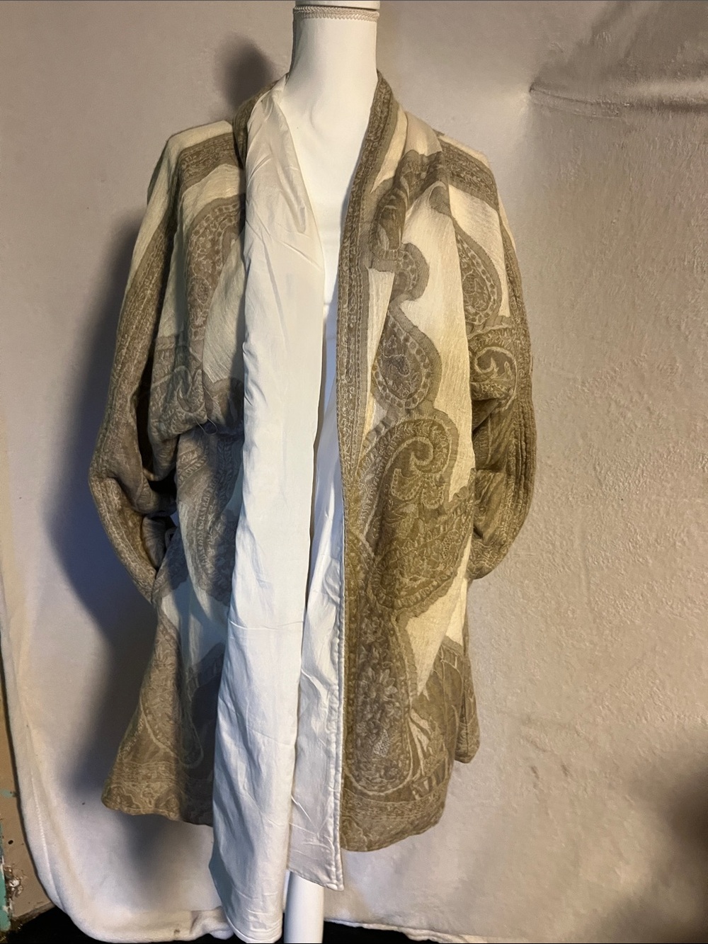 Paisley Draped Open-Front Cape Coat in Cream and Olive